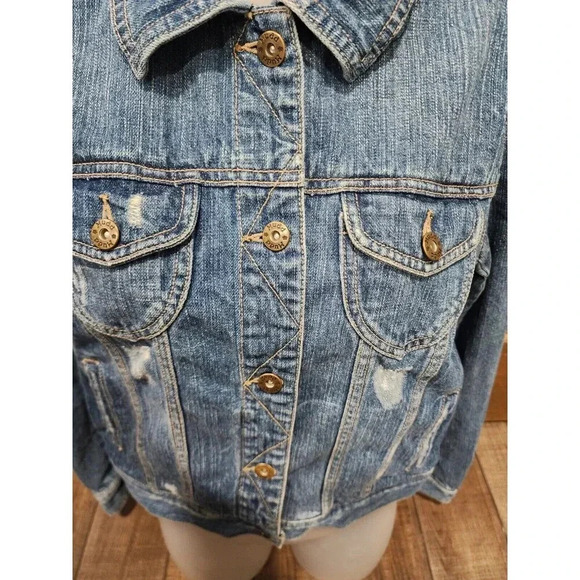 Mudd Denim Jacket Women's Medium Blue Medium Wash 100% Cotton Adjustable Waist - Picture 2 of 6
